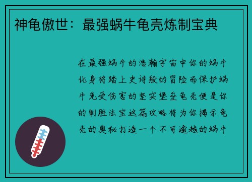 神龟傲世：最强蜗牛龟壳炼制宝典